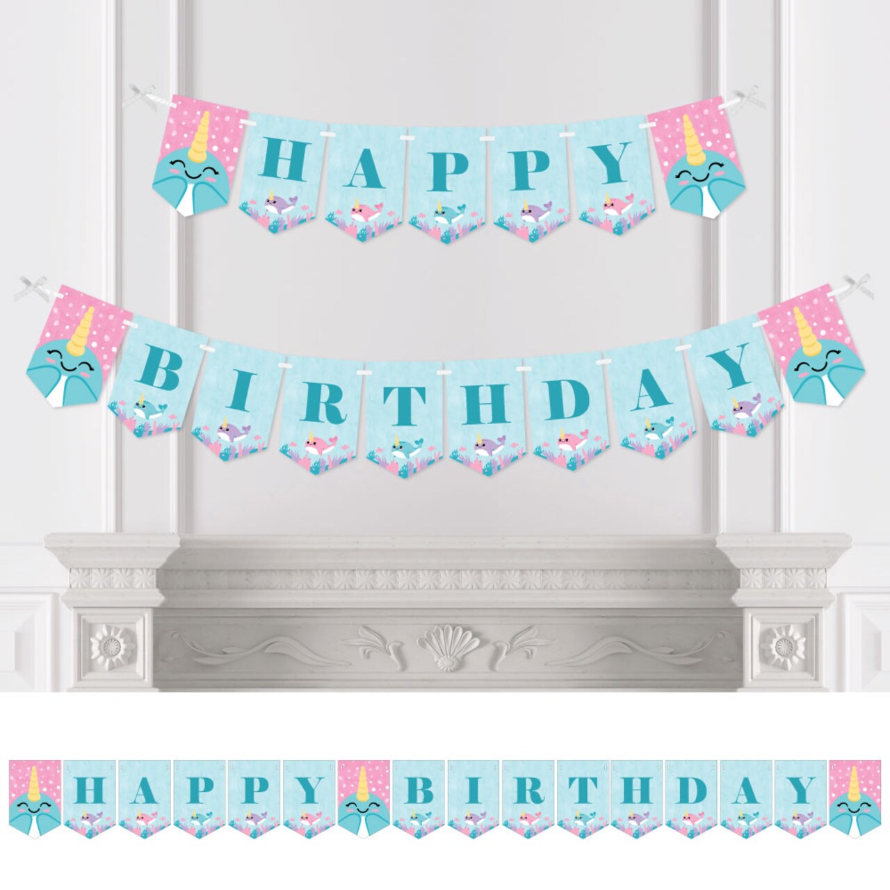 Big Dot of Happiness Narwhal Girl - Under The Sea Birthday Party Bunting Banner - Birthday Party Decorations - Happy Birthday